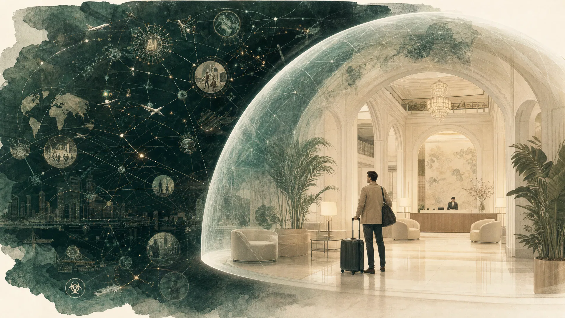 Huésped en lobby de hotel bajo la cúpula de confianza, con el mundo exterior (IA, bioseguridad, hiperconectividad) representado como tensión invisible